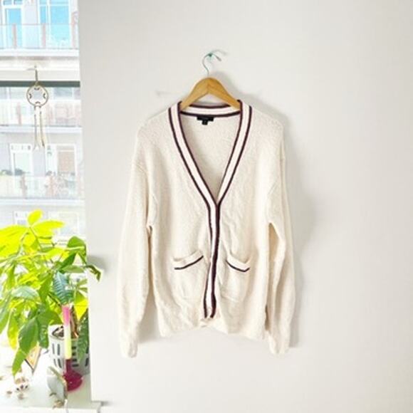 J. Crew White & Purple Bouclé Cardigan Sweater Size Medium - Picture 1 of 6